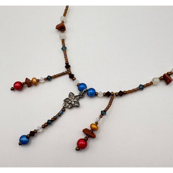 Handcrafted Multicolor Beaded Necklace with Silver Tone Flower Accent Boho - Picture 4 of 6